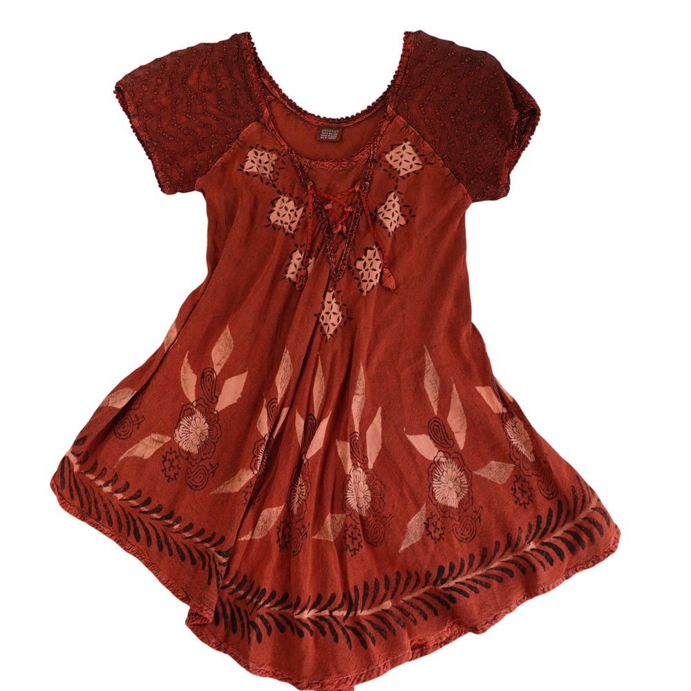 Vintage Y2K Top Womens OS Rust Red Boho Lace Up Floral Rayon Tunic Fairy Peasant